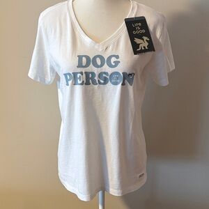 NWT Life Is Good White V-Neck Tee with Light Blue 'Dog Person' Graphic. Size M